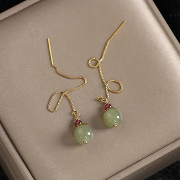 DAIIIBABYYY  -  Gold Color Hetian Jade Earrings for Women Green Round Jewelry Girls Gift Grace Ethnic Style